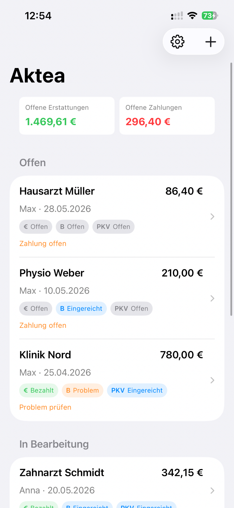 Aktea Übersicht im hellen Modus
