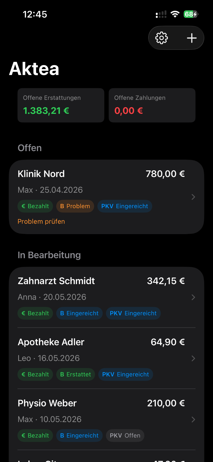 Aktea Dashboard auf dem iPhone